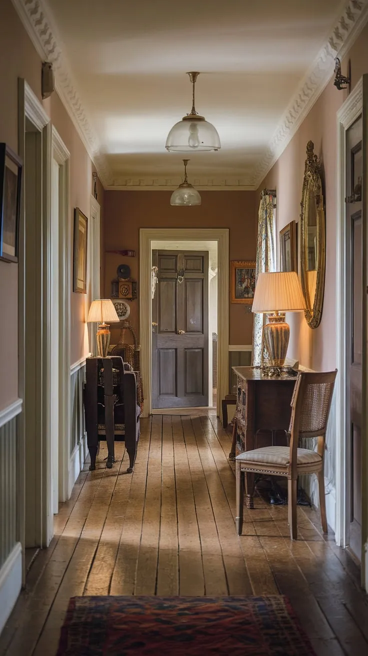 Elegant Victorian hallway décor showcases intricate details and traditional English charm