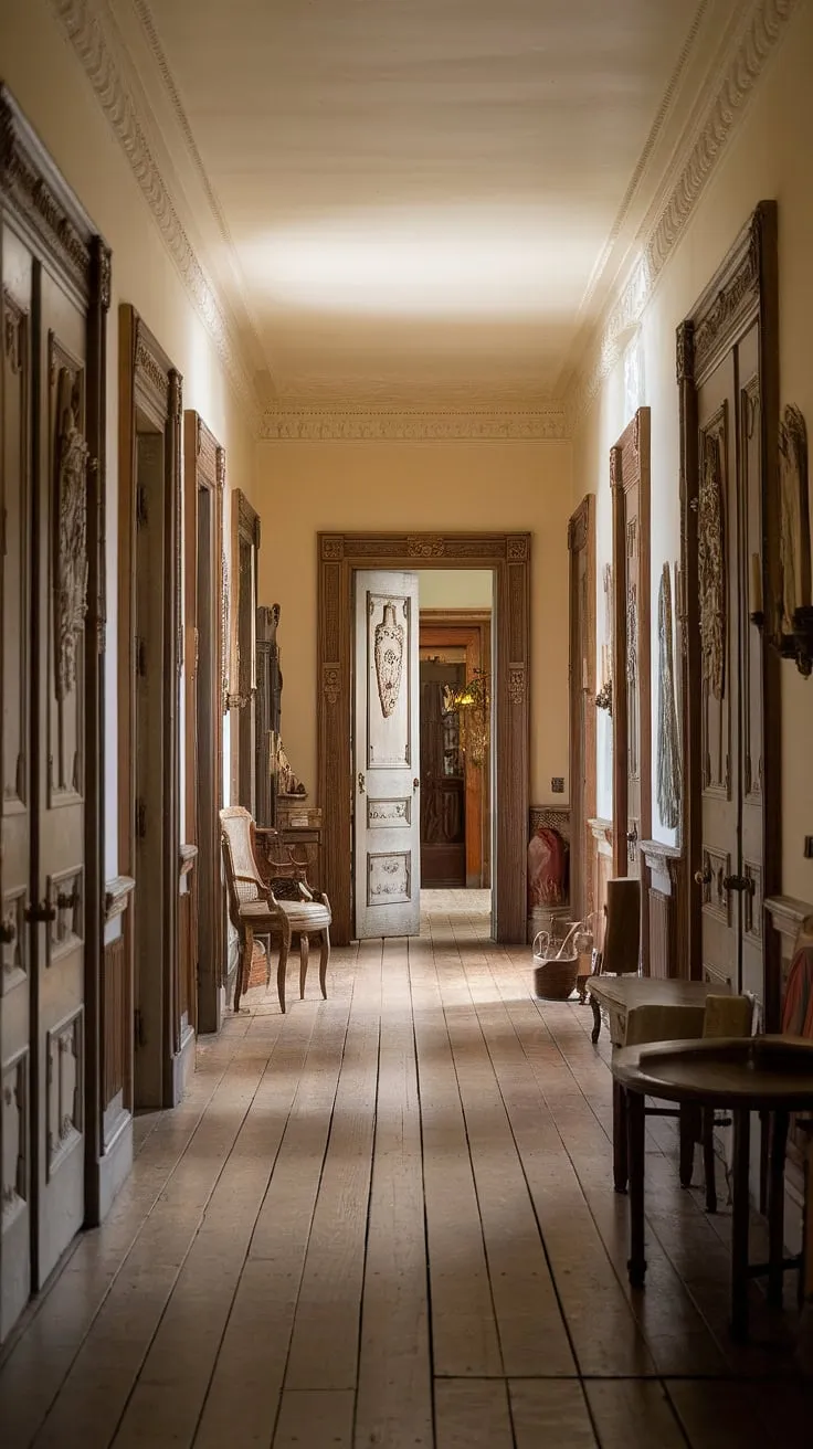 Intricate carvings and brass fittings adorn a grand English country house hallway