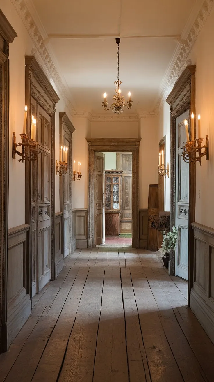 Ornate wood paneling, a grand chandelier, and flickering candlelight illuminate a classic Victorian hallway in a stately country home.