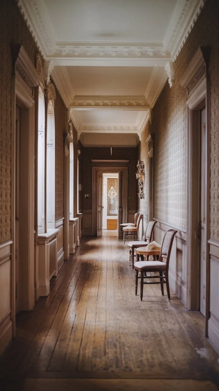 In a Victorian hallway, intricate woodwork and soft light create a captivating tapestry of timeless elegance.
