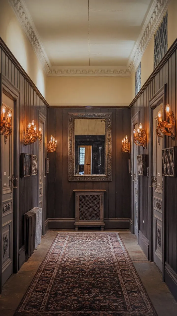 Wander through a grand hallway of a classic novel, where rich wood and intricate details whisper tales of elegance and enduring allure.