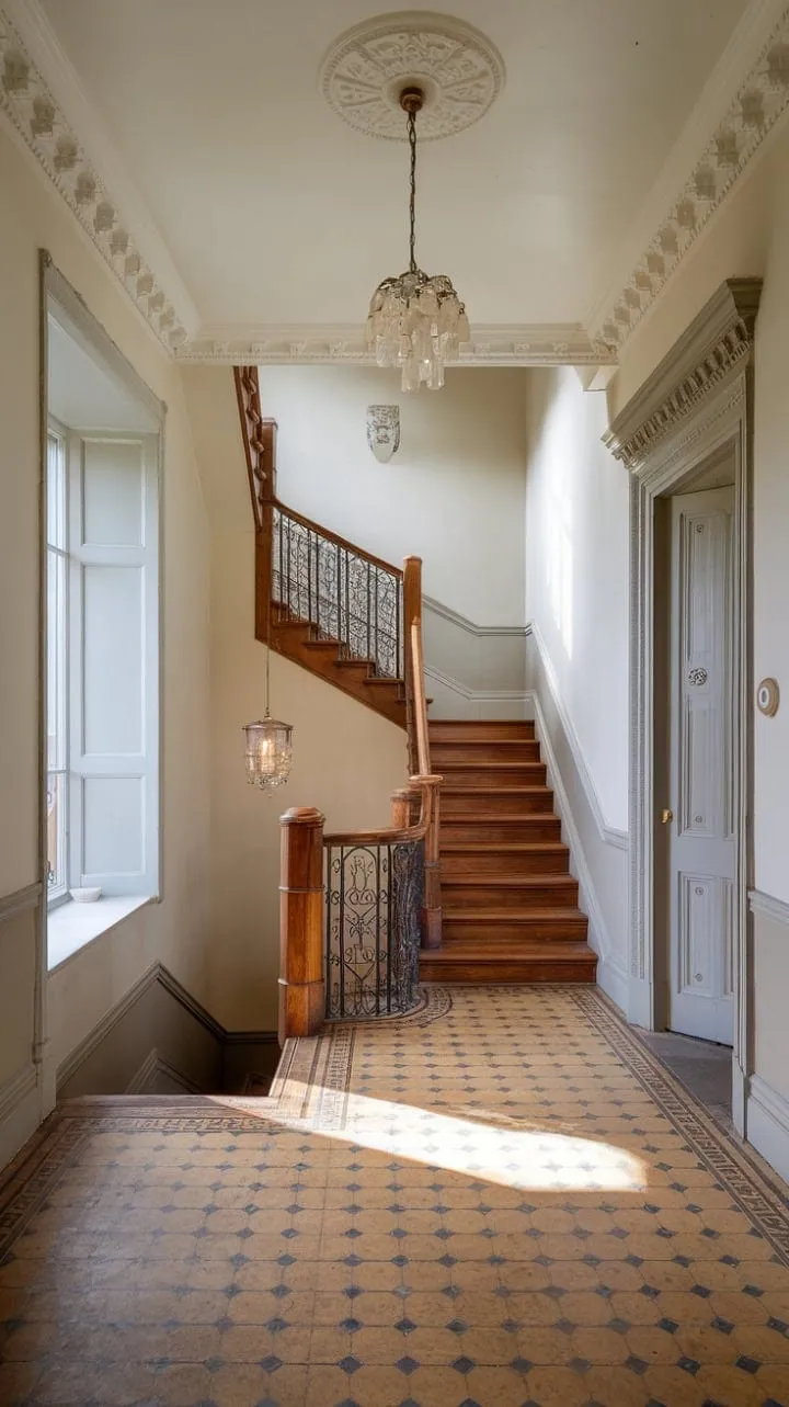 Sunlight floods the grand hall, casting a nostalgic glow that reveals the whispers of Victorian elegance and craftsmanship from a bygone era.