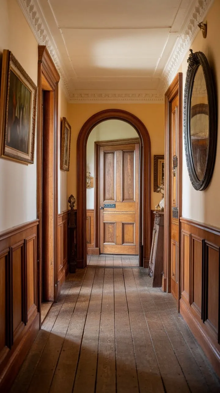 This Victorian hallway is a stunning masterpiece of wood and light, capturing the exquisite craftsmanship of a bygone era.