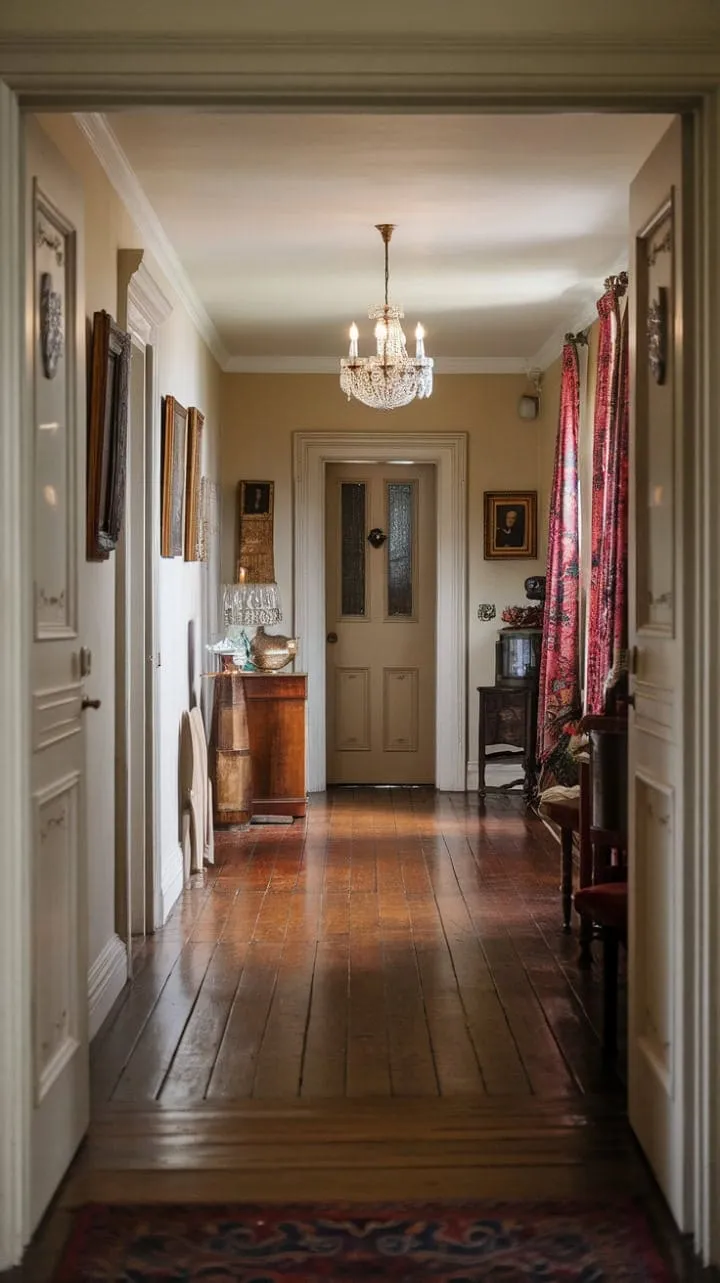 Strolling through this hallway is like journeying through time, where the elegance of polished wood and fine art murmurs tales of a noble history.