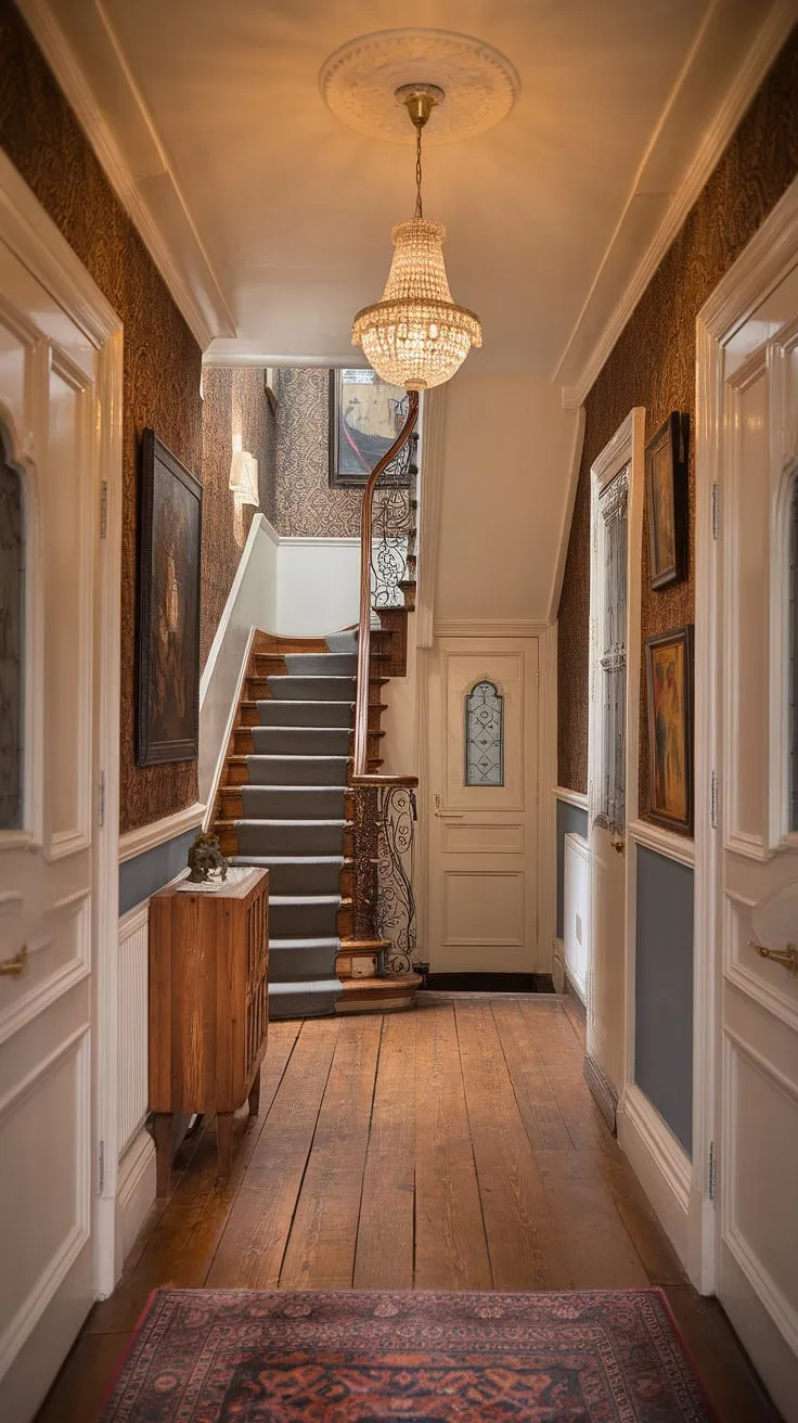 A grand Victorian hallway, complete with a chandelier, wrought iron staircase, and ornate detailing, exudes warmth and timeless elegance.