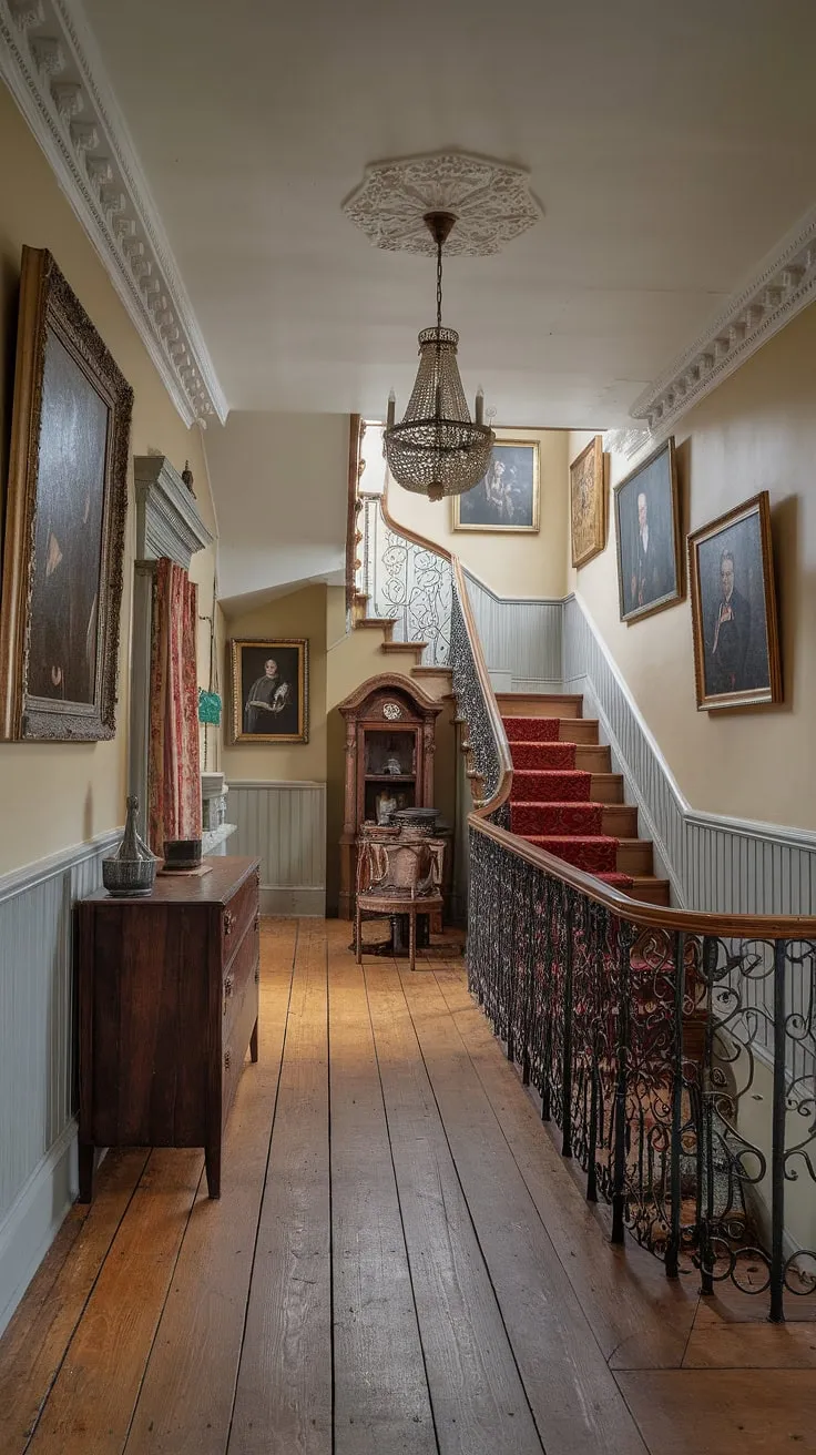 Ornate details and antique elegance define this Victorian hallway, a testament to traditional English country house style.