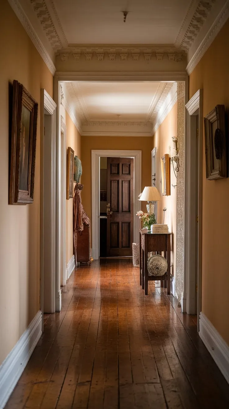 Warmth and history fill a Victorian hallway, its polished floors and antique-adorned walls whispering tales of a bygone era.