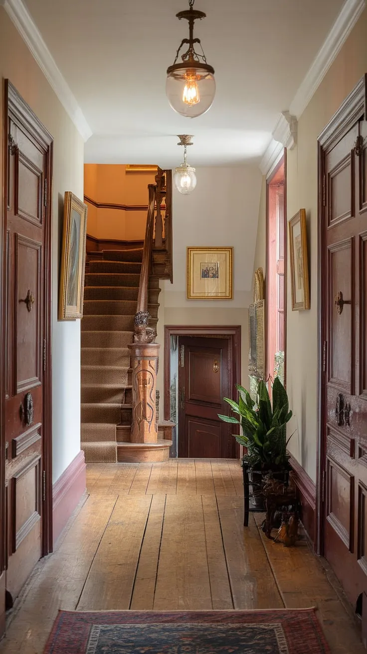 A grand Victorian hallway, rich with ornate details and classic charm, invites you into a home blending old-world elegance with modern comfort.
