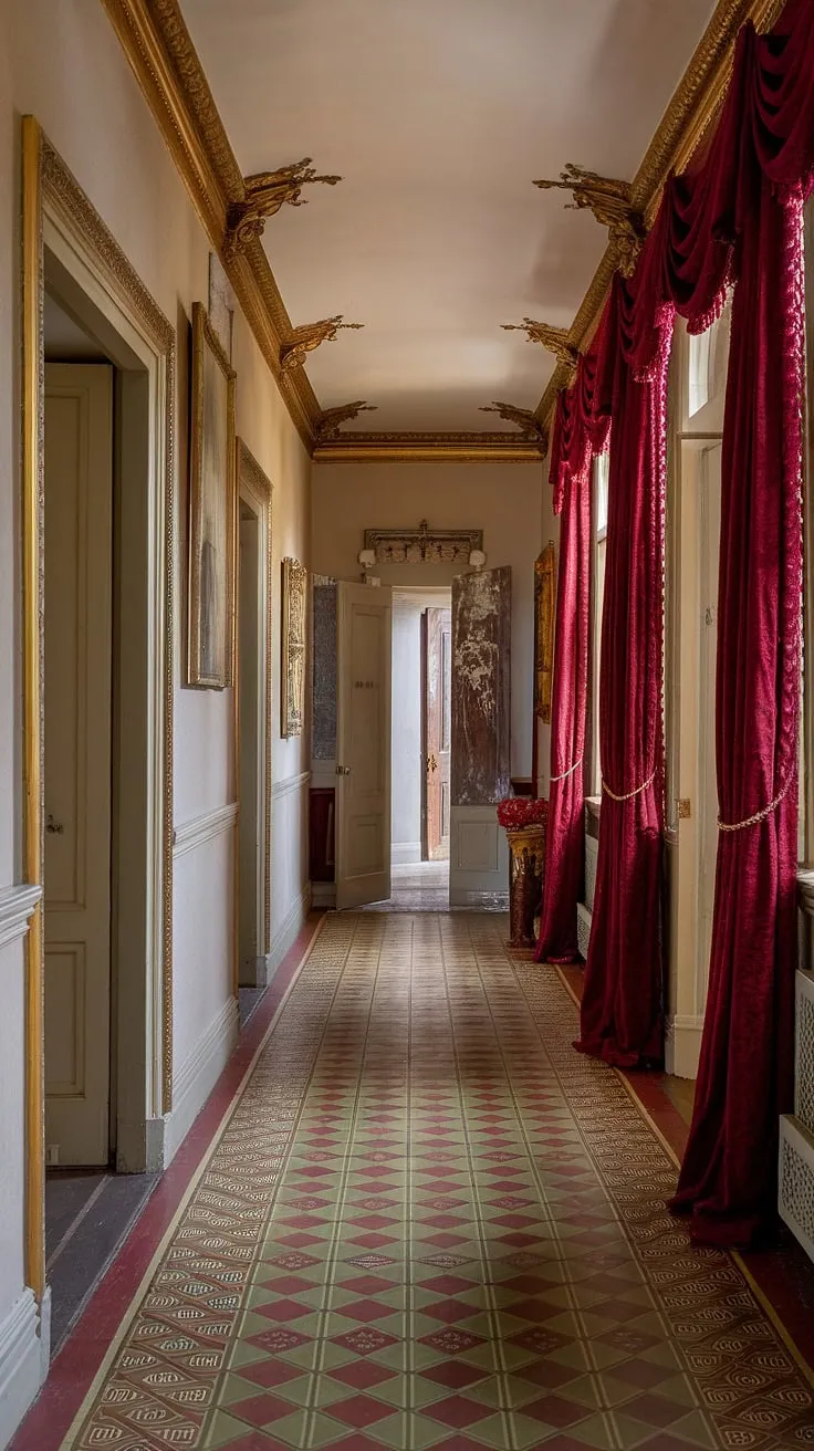 Ornate gold detailing and rich red accents define this traditional Victorian hallway in a grand country house.