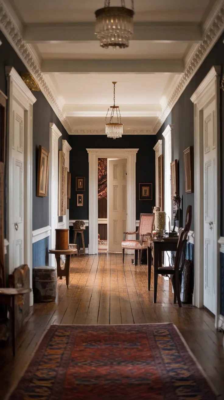 Elegant Victorian hallway décor showcases classic English style with warm tones and rich details