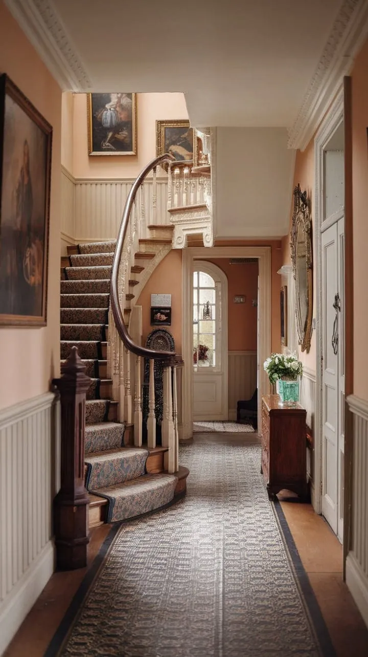 In the grand hallway of the country house, a captivating patterned floor and the whispers of art and furnishings intertwine to unveil the enchanting tales of a forgotten era.