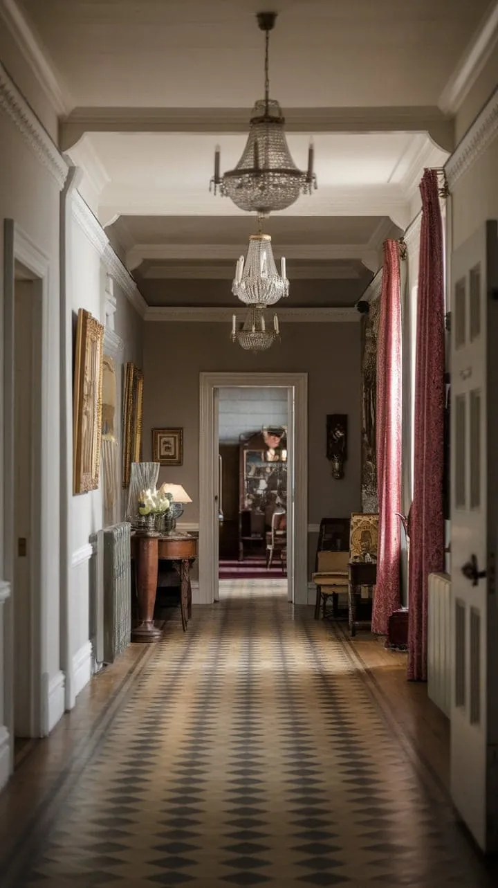 The Victorian hallway, adorned with ornate chandeliers and intricate details, offers a mesmerizing window into a bygone era of elegance.