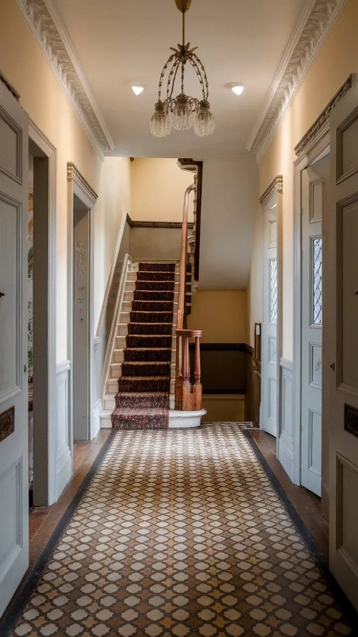 This Victorian hallway, featuring exquisite molding and a stunning chandelier, invites you into a realm of enduring elegance and artistry.