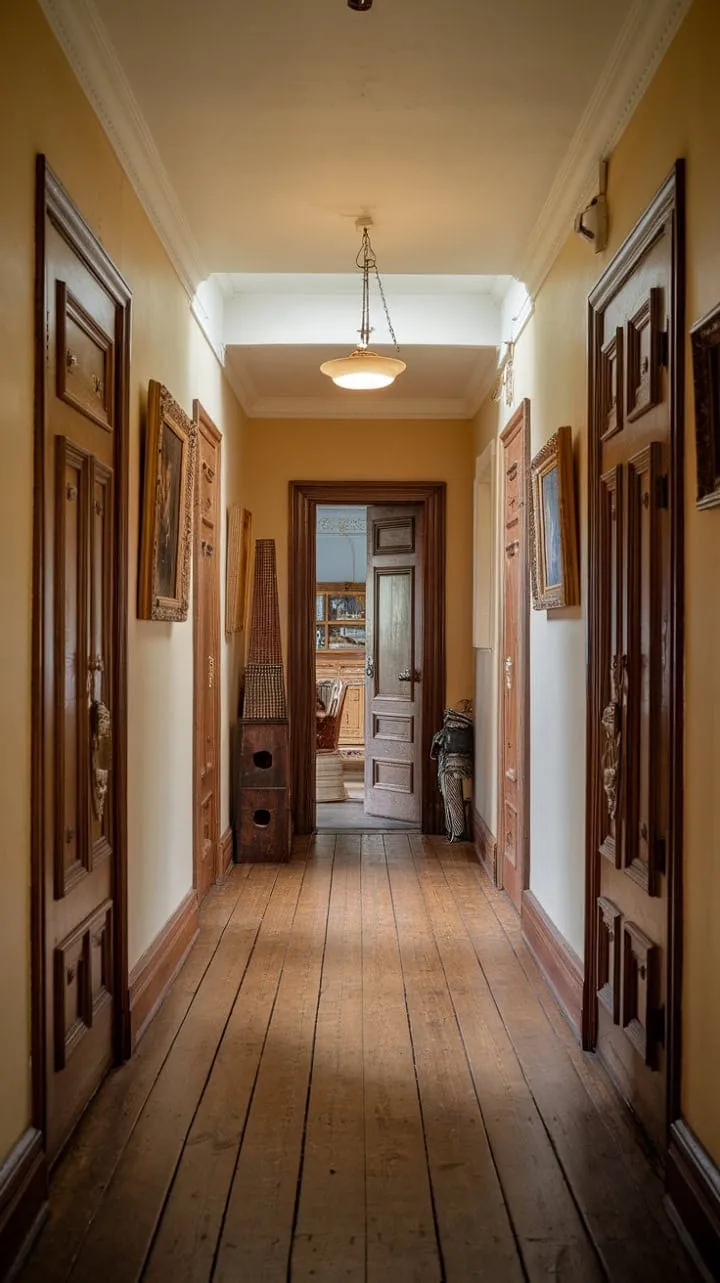 Sunlight pirouettes through a Victorian hallway, illuminating ornate woodwork and revealing the whispered tales hidden behind shadowy doors.