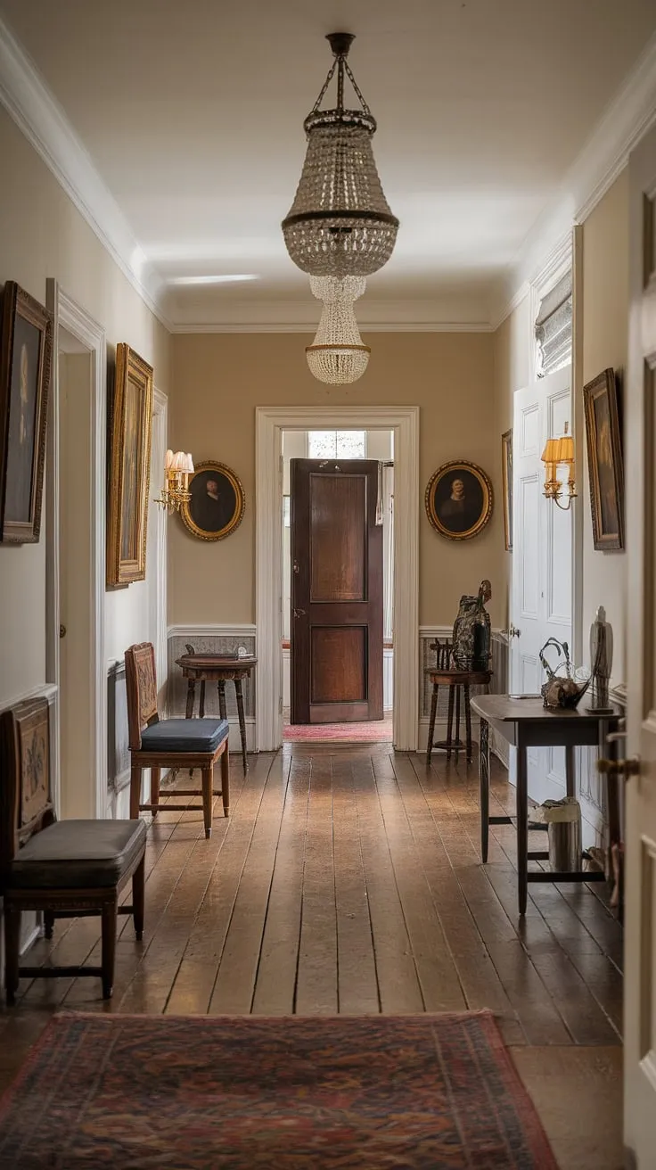 A grand Victorian hallway exudes traditional English charm through its decor and architecture