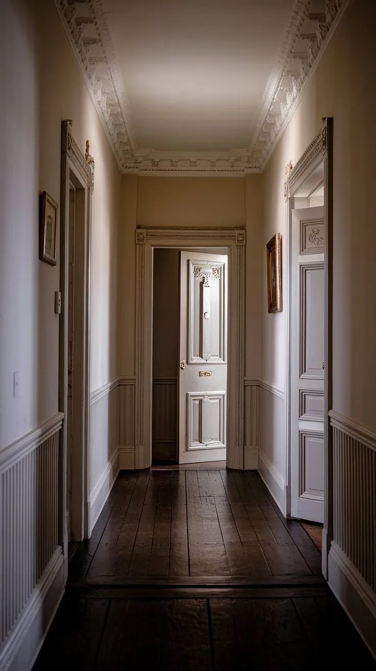 Soft light illuminates a traditional English country house hallway, its dark wood floor and ornate doors a testament to Victorian elegance.