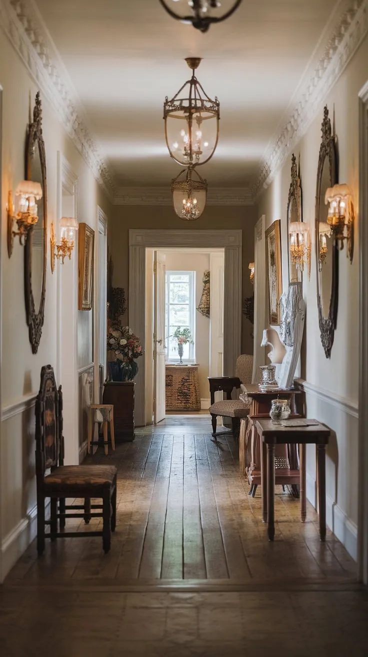 Antique mirrors and ornate lighting fixtures adorn a richly detailed Victorian hallway in a grand country house.