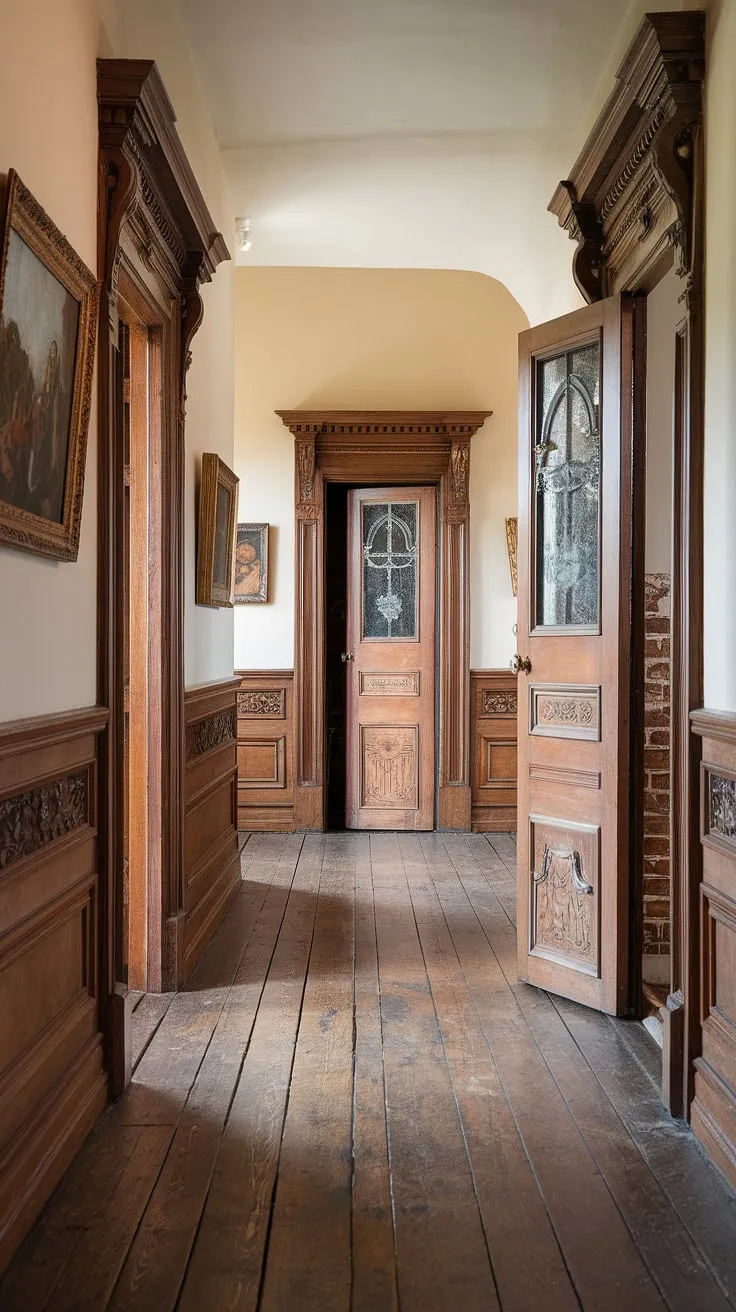A grand country house hallway showcases exquisite Victorian paneling and paintings.