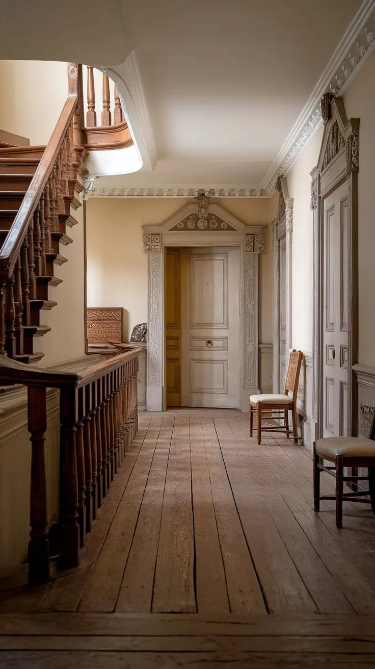 Soft light illuminates a grand Victorian hallway, its carved woodwork and elegant staircase hinting at a bygone era of English country house life.