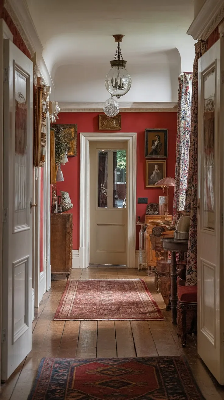 A captivating Victorian hallway blends rich textures and patterns, highlighted by antique art and a grand chandelier.