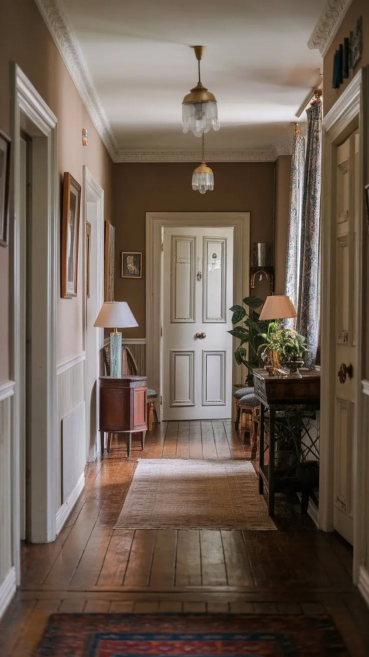 A listed house's Victorian hallway boasts ornate details, patterned floors, and multiple uniquely designed doors.