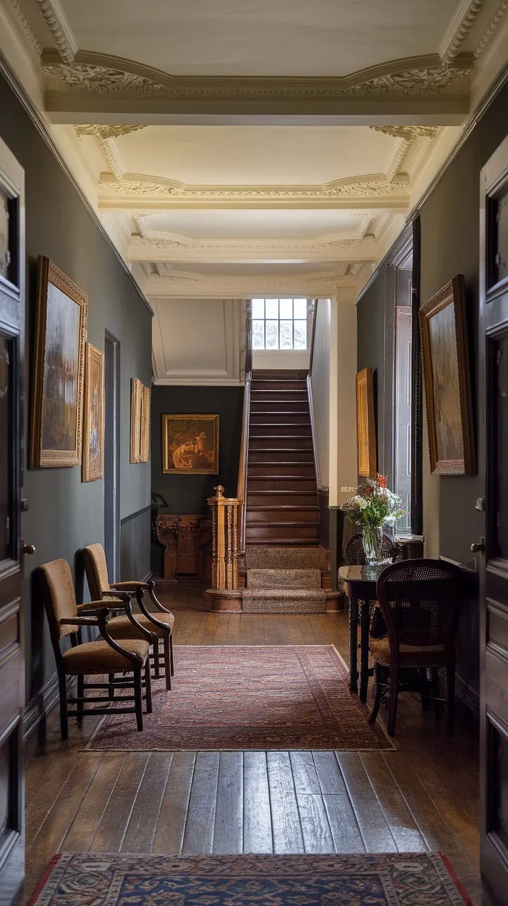 Intricate details and a dark-walled elegance define this listed house's captivating Victorian hallway, complete with antique furniture and a sweeping staircase.