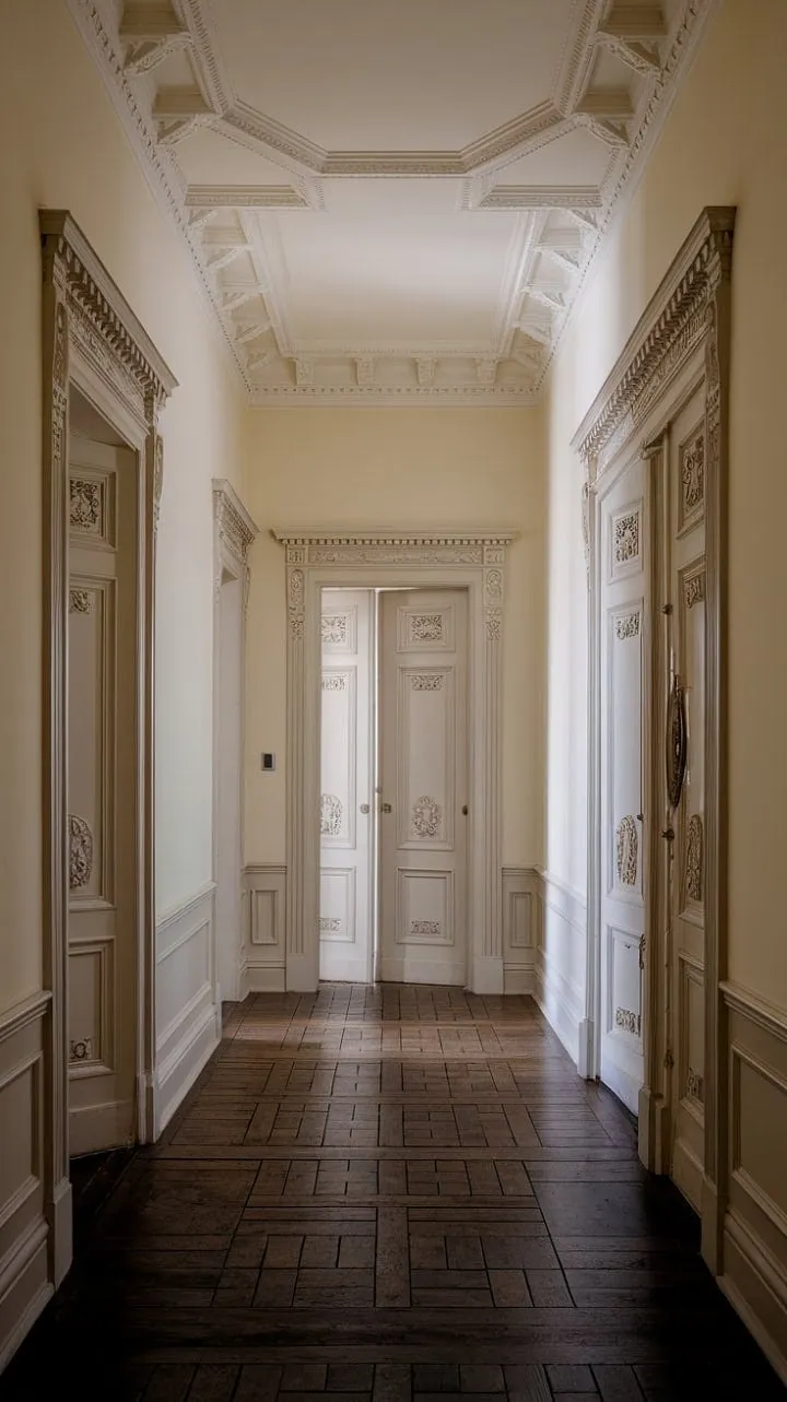 In a Victorian hallway, ornate moldings and polished wood floors create a mesmerizing blend of elegance and echoes of history.