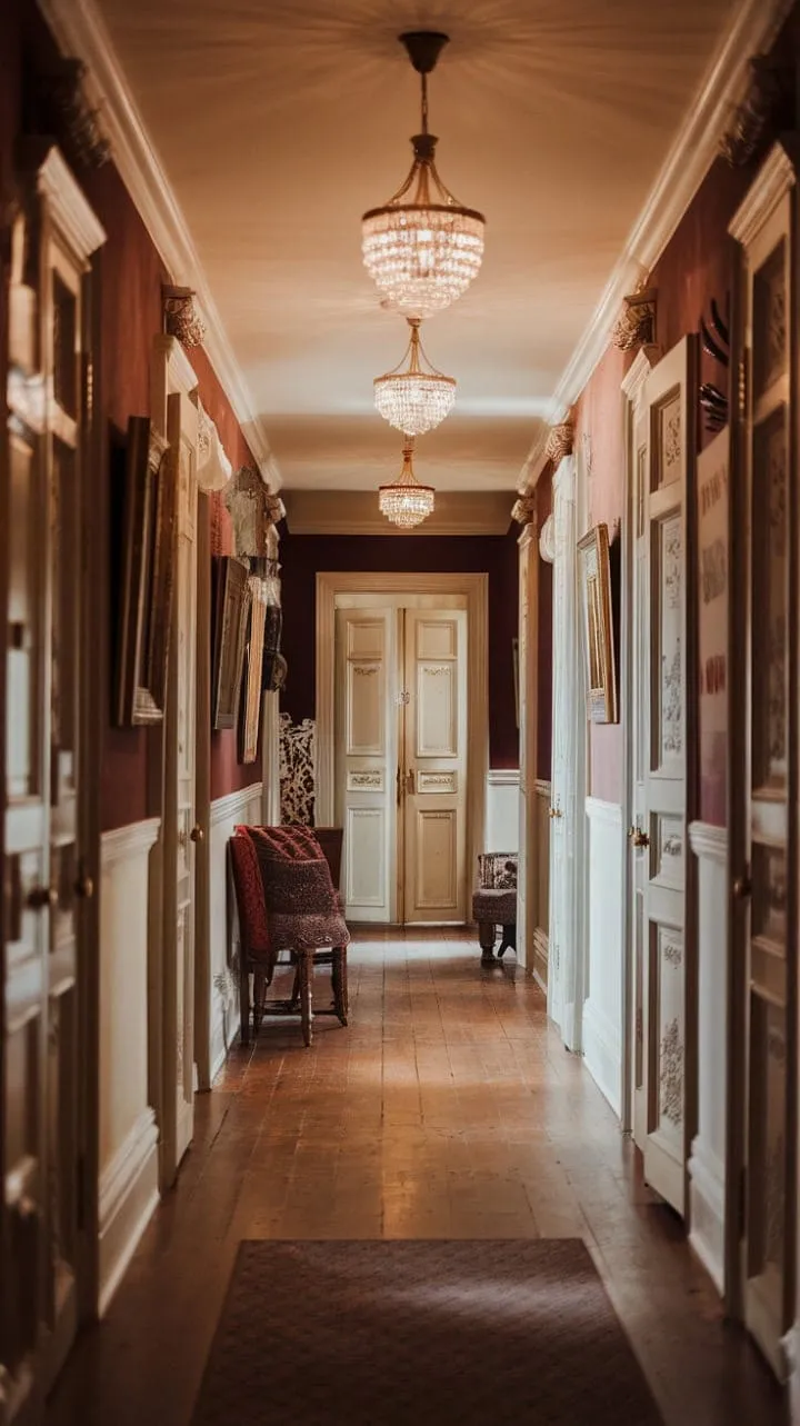 In a majestic hallway where rich wood and captivating art converge, the echoes of history dance with timeless elegance and comfort.
