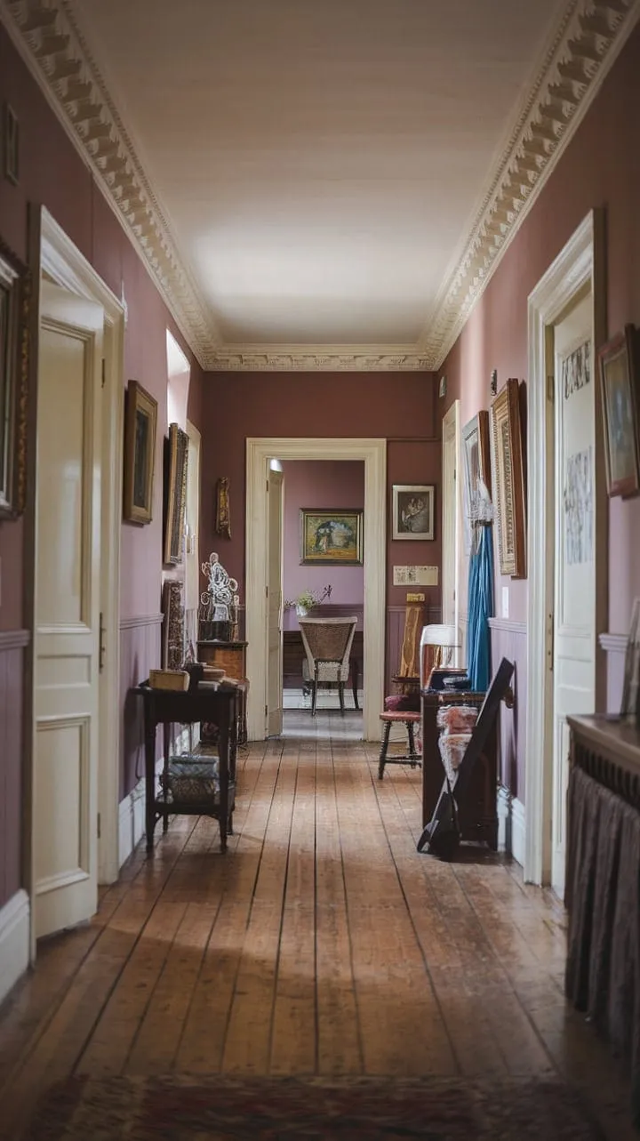 This Victorian hallway, with its rich wood floors and ornate ceiling, captures the timeless elegance of traditional English home decor.