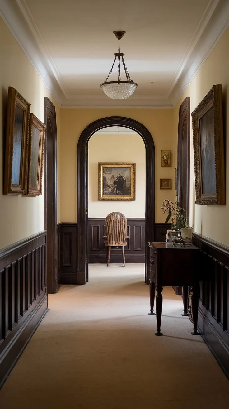 A grand country house hallway displays timeless English decor