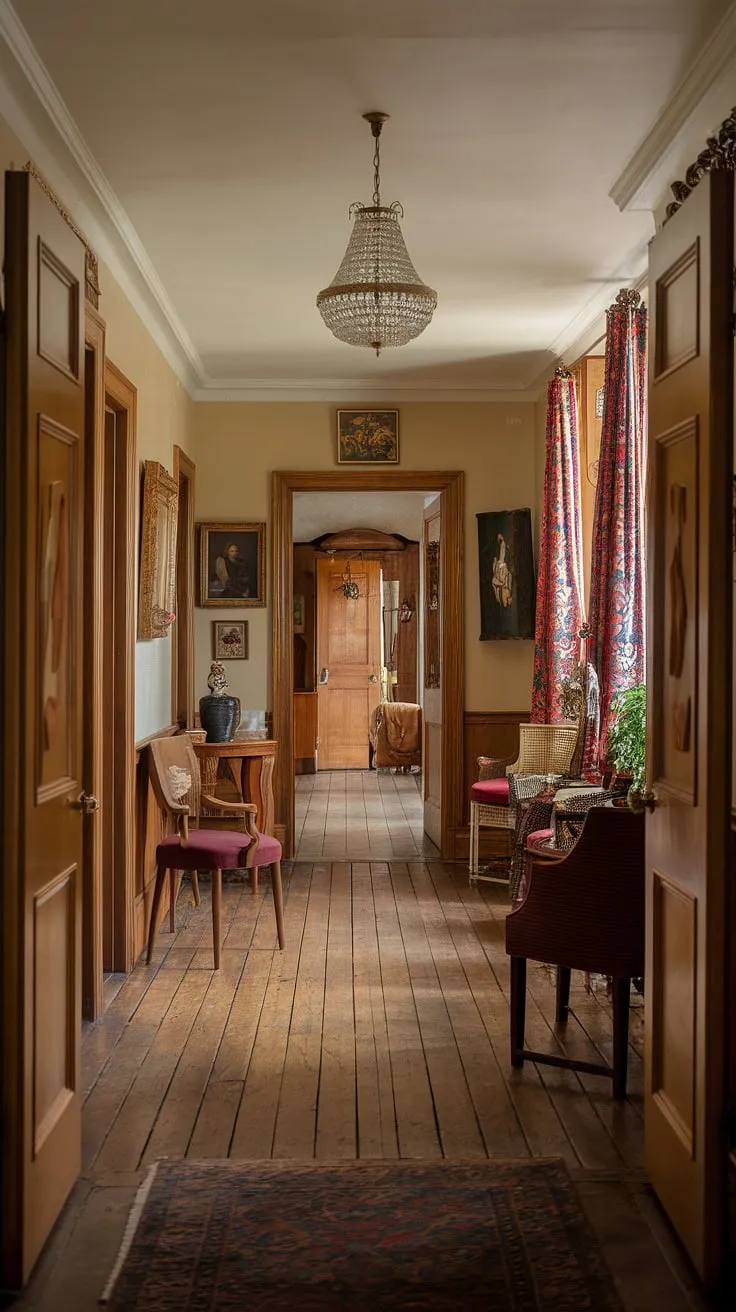 Warm light from a chandelier illuminates a welcoming Victorian hallway, its rich wood floors and classic artwork hinting at stories within.