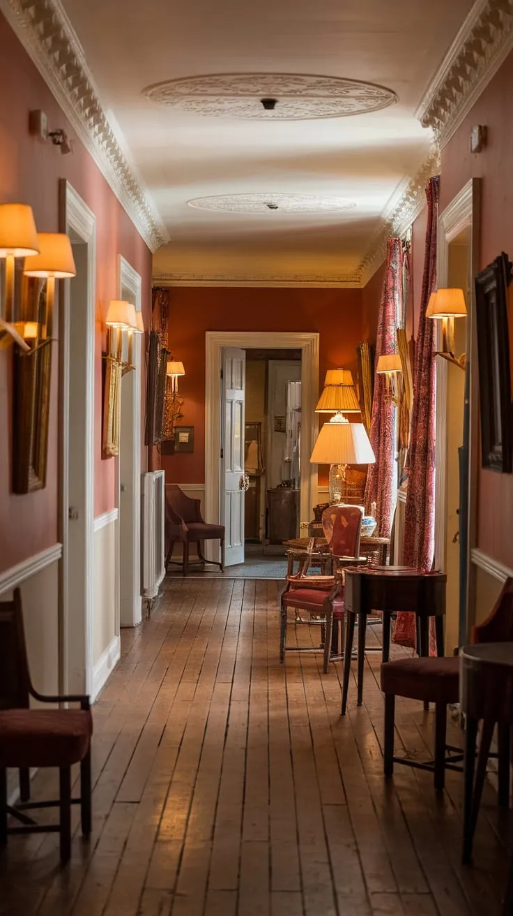 Warm light spills across antique-filled, inviting Victorian hallway, its wooden floors echoing a bygone era.