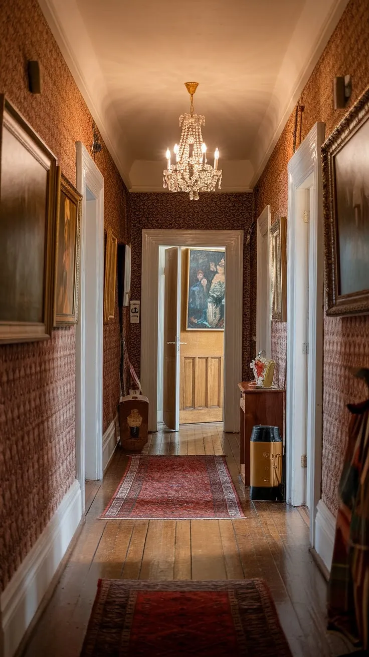 A grand Victorian hallway evokes a sense of timeless English charm through its ornate details and warm ambiance