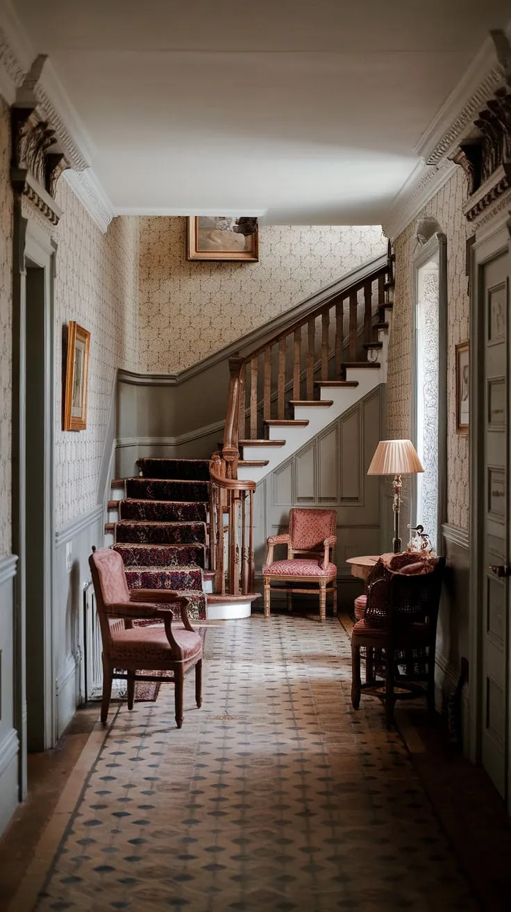 Ornate moldings, patterned wallpaper, and a grand staircase define this captivating Victorian hallway in a country house.