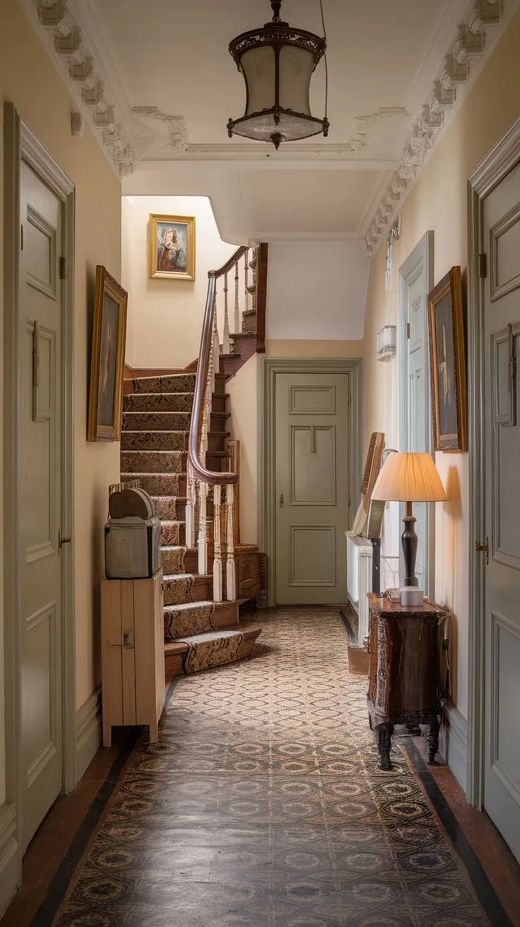 A grand Victorian country house hallway exudes old-world charm with its ornate details and traditional decor.