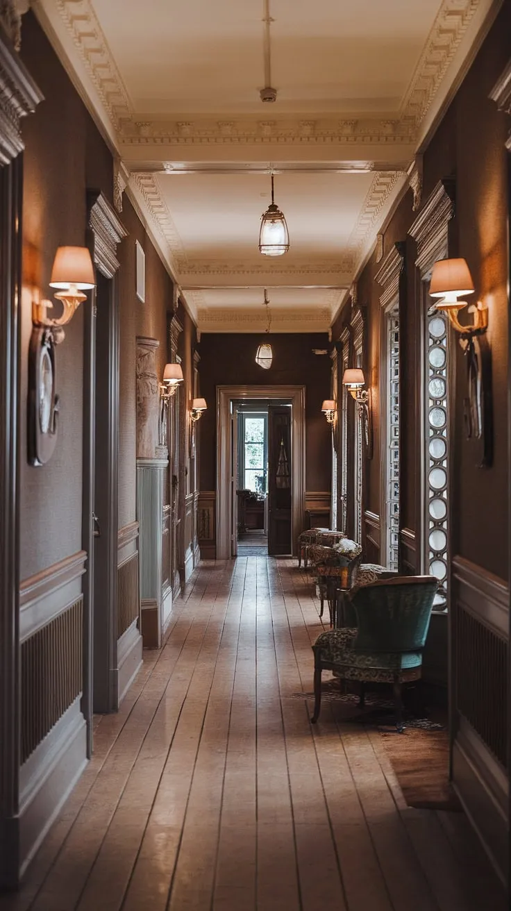 Intricate detailing and dark wood define this grand Victorian hallway's traditional English charm.