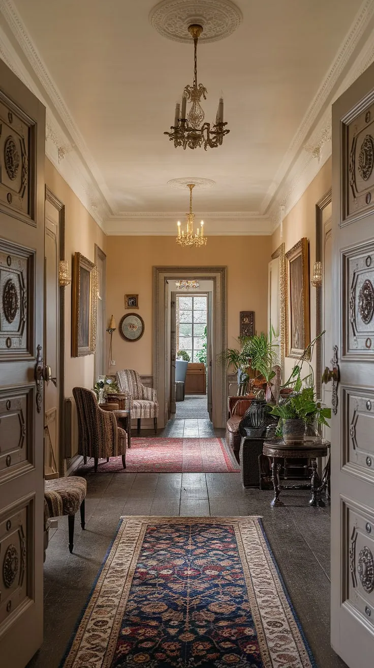 A high-ceilinged hallway exudes old-world charm with intricate carvings, plush furnishings, and warm lighting.