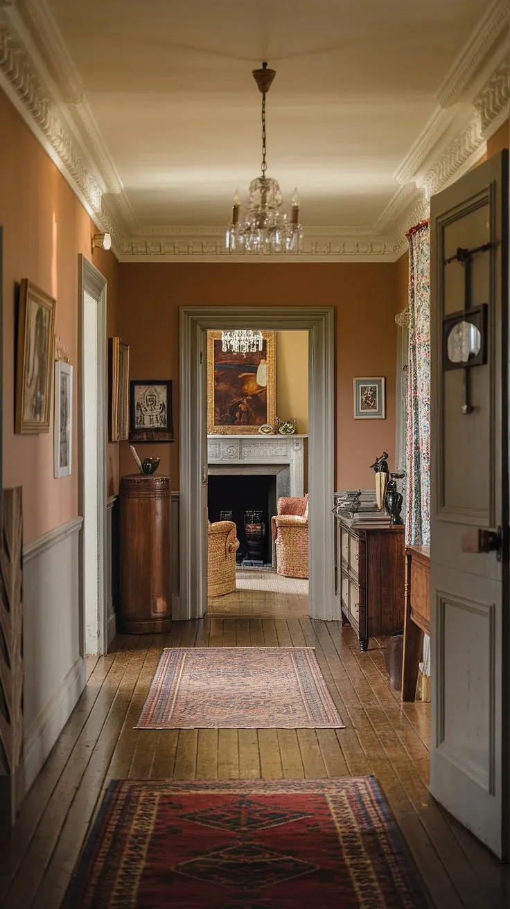 A grand English country house hallway, rich with detail and inviting atmosphere, is captured in a single photograph