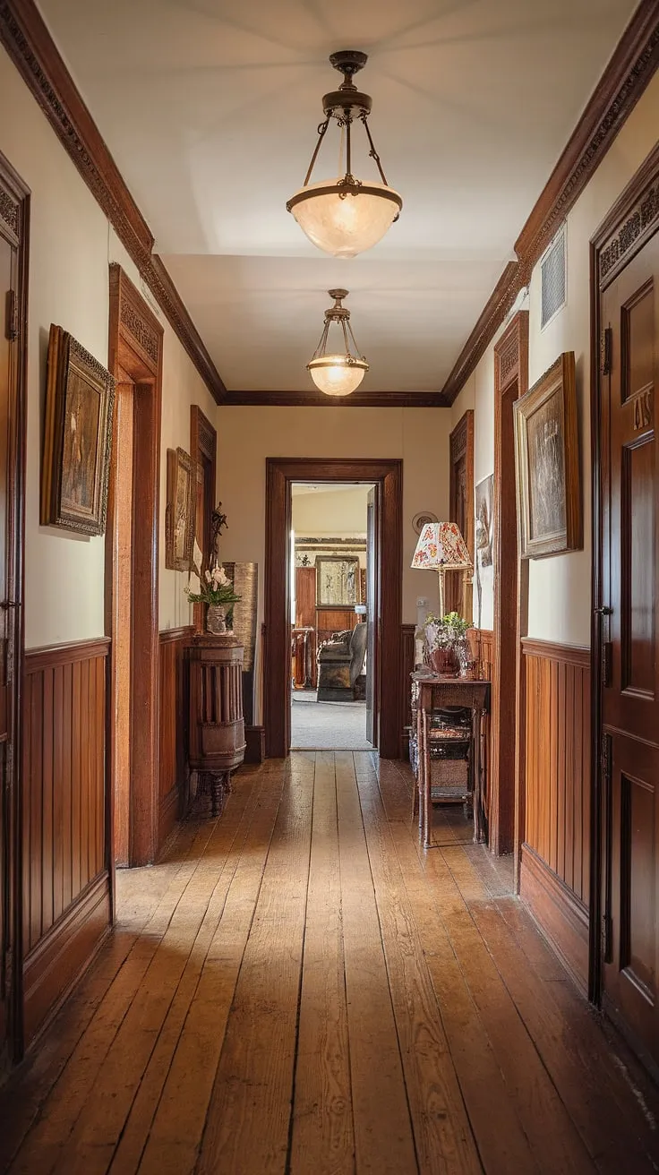 Ornate light fixtures and rich wood paneling define this classic Victorian hallway's elegant English charm