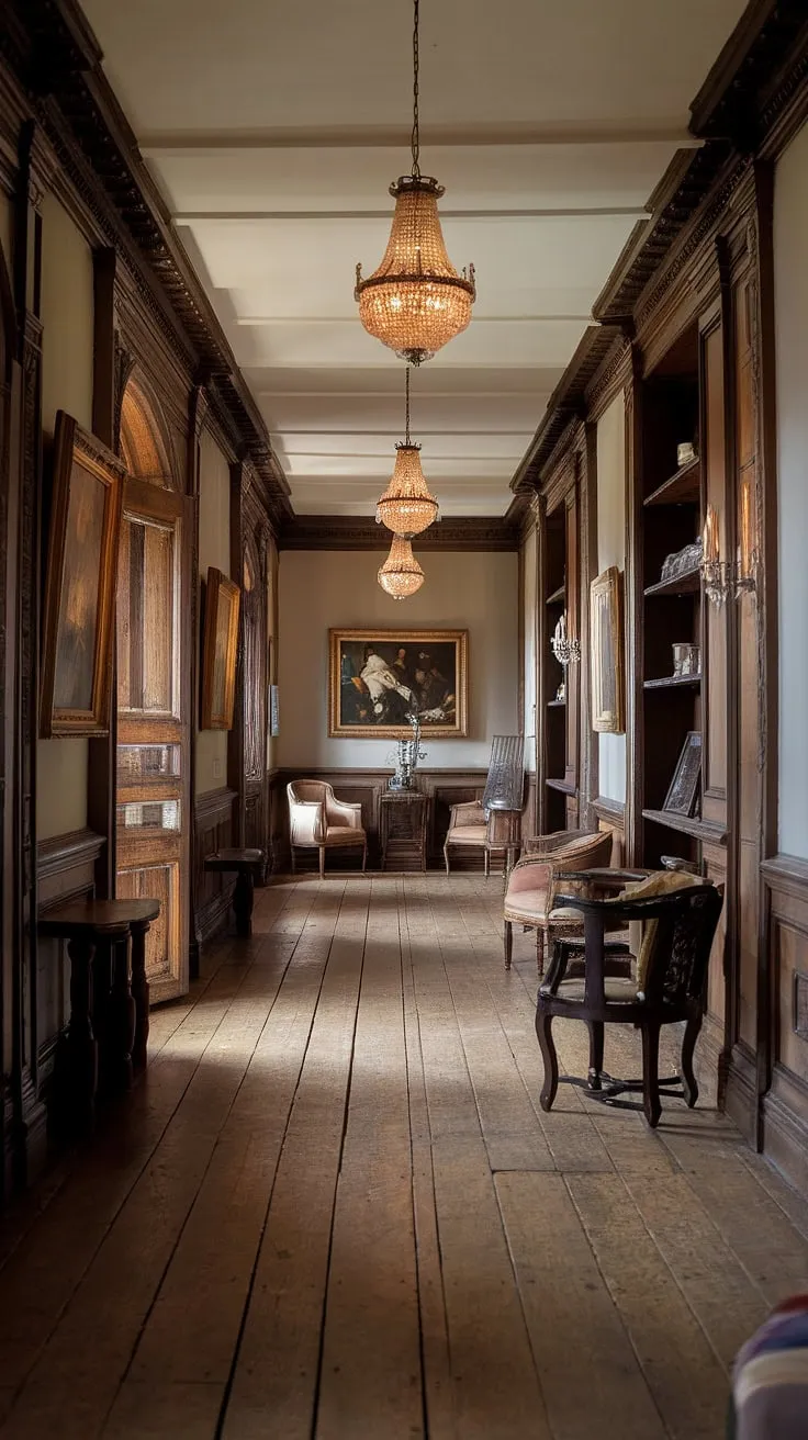 A traditional English country house hallway exudes old-world charm with its rich wood, paintings, and chandeliers.