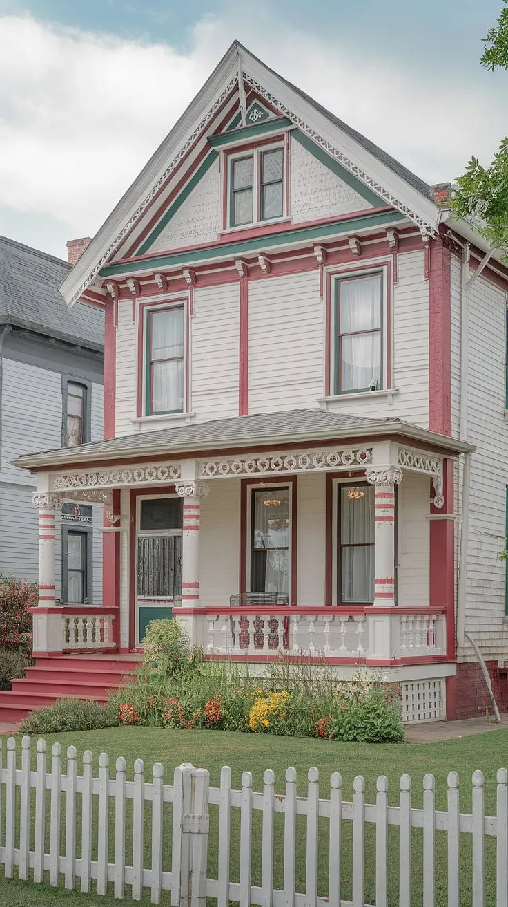 A charming Victorian painted lady, adorned with red, white, and green stripes, sits proudly behind a white picket fence in a meticulously landscaped garden.