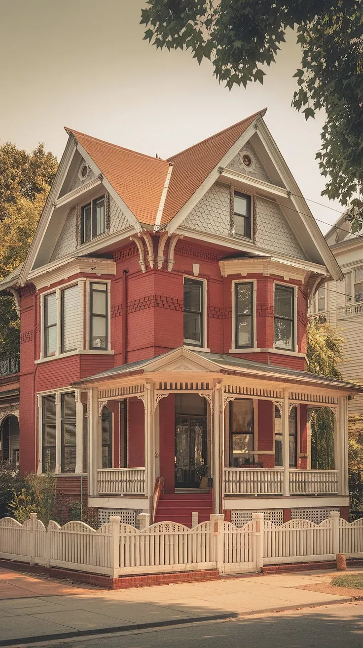 A warm-hued photo captures a majestic Victorian home, its red brick and white porch contrasting beautifully against a backdrop of lush greenery and neighboring houses.