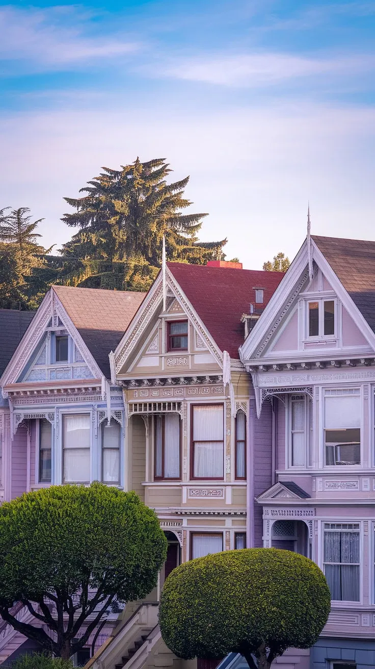 Pastel-hued Victorian Painted Ladies, adorned with intricate details, stand majestically against a backdrop of blue sky and green trees.