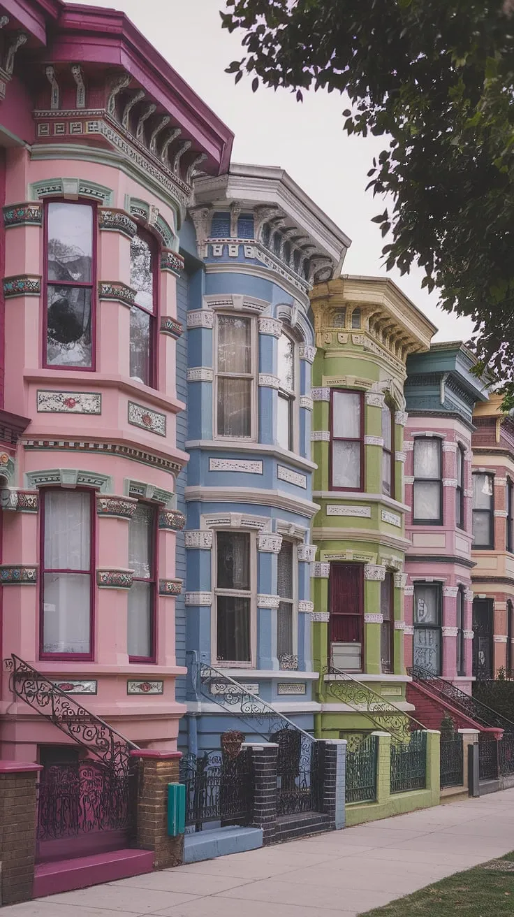 A row of vibrantly colored Victorian homes, boasting intricate details and lush tree-lined sidewalks, showcases the era's architectural grandeur.