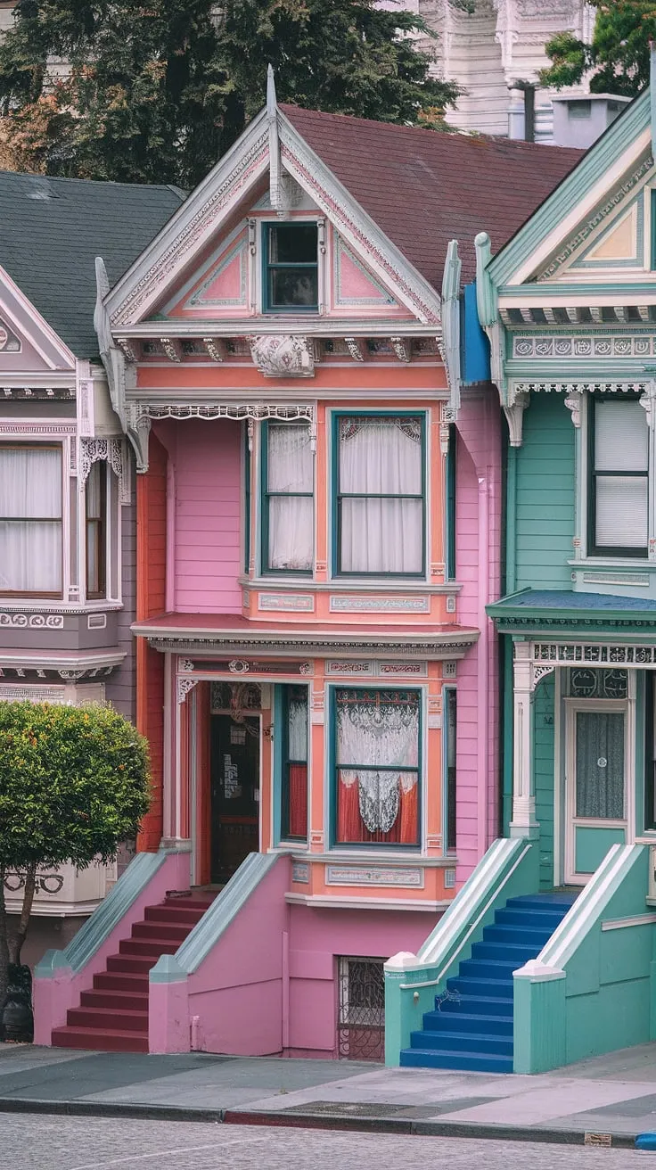 Three majestic Painted Ladies, boasting colorful facades and intricate detailing, stand proudly on a cobblestone street.