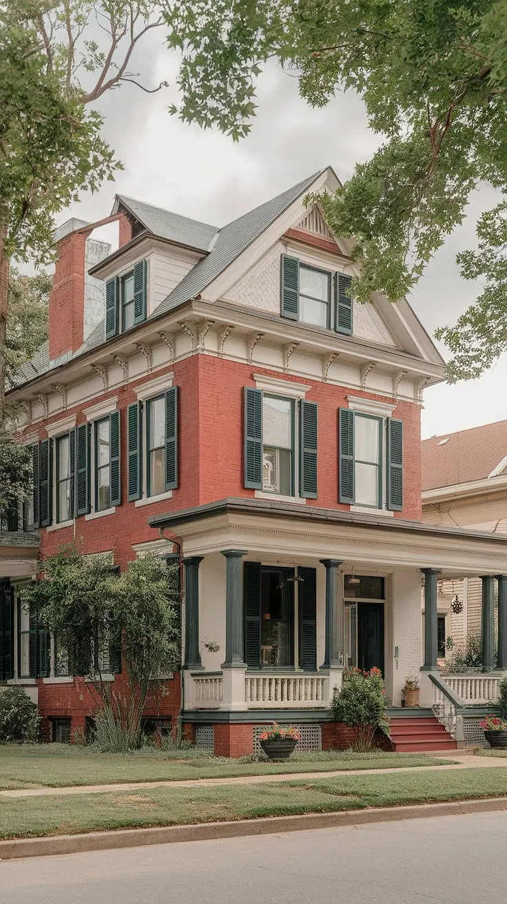 A stately Victorian home, clad in red brick and white paint, stands proudly on a manicured lawn, its multiple stories and detailed porch hinting at a rich history.
