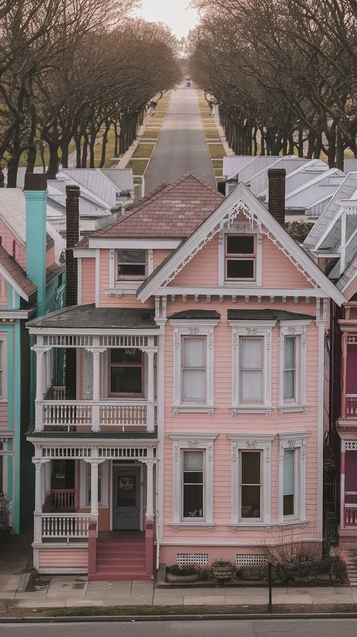 A picturesque neighborhood boasts a collection of multi-storied pink Victorian homes with intricate white trim.