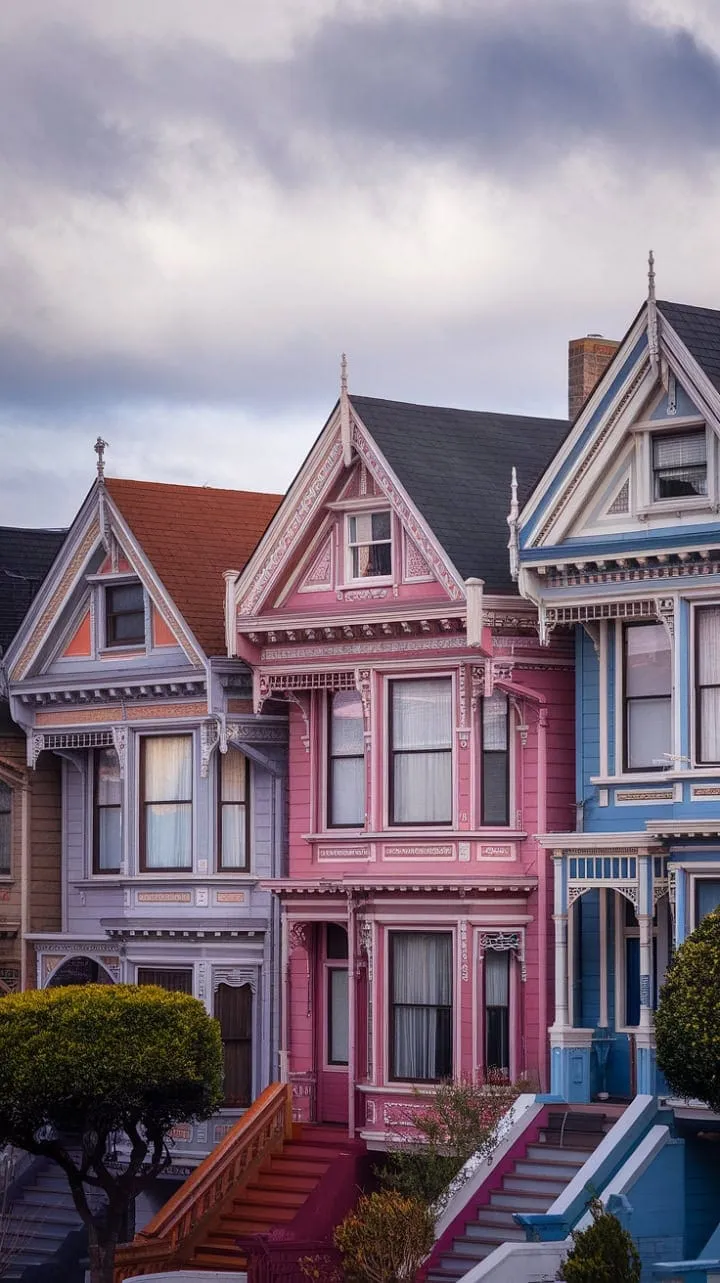 The Painted Ladies of San Francisco, with their vivid colors and ornate designs, stand as a breathtaking tribute to a bygone era against a striking sky.