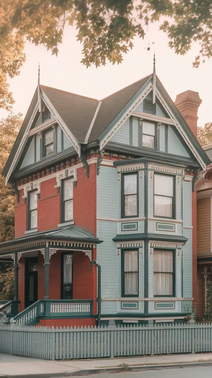 This exquisite Victorian gem, adorned in rich red brick and intricate details, captivates in its tranquil surroundings.