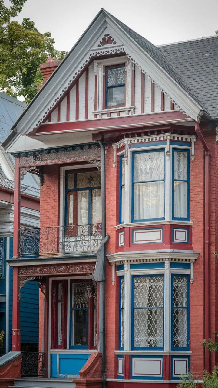 This stunning Victorian house, draped in a vibrant palette of red, white, and blue, is a breathtaking testament to artistic grandeur.